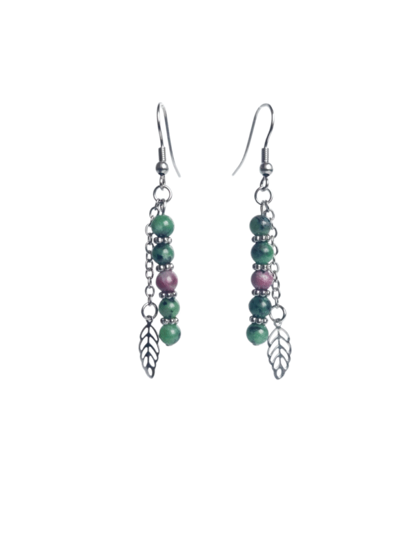 Boucles d'oreilles artisanales, rubis sur zoïsite et acier inoxydable