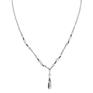 Collier artisanal, cristal de roche, hématite et acier inoxydable