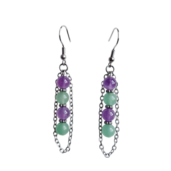Boucles d'oreilles artisanales, améthyste et aventurine et acier inoxydable