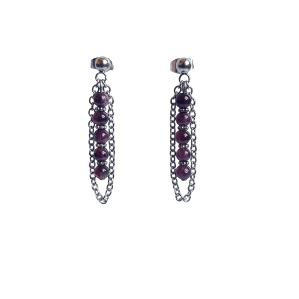 Boucles d'oreilles artisanales, grenat et acier inoxydable