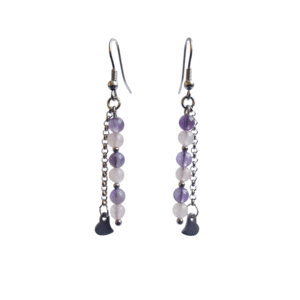 Boucles d'oreilles artisanales, quartz rose, améthyste et acier inoxydable