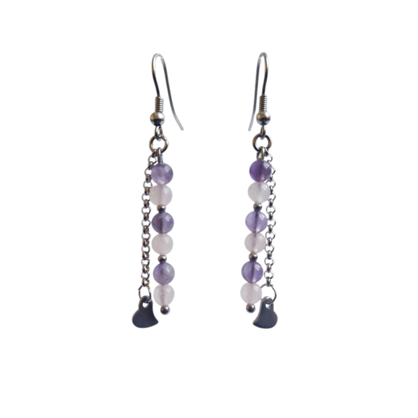 Boucles d'oreilles artisanales, quartz rose, améthyste et acier inoxydable