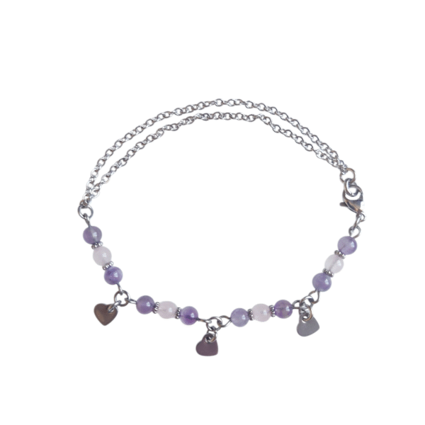Bracelet artisanal, quartz rose, améthyste et acier inoxydable