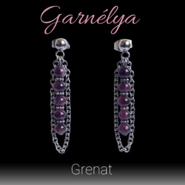 Boucles d'oreilles artisanales, grenat et acier inoxydable