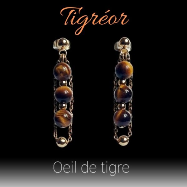 Boucles d'oreilles artisanales, oeil de tigre et acier inoxydable