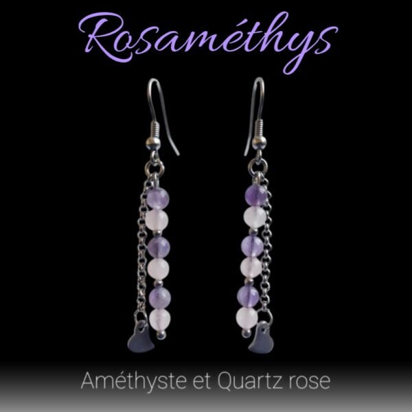 Boucles d'oreilles artisanales, améthyste, quartz rose et acier inoxydable